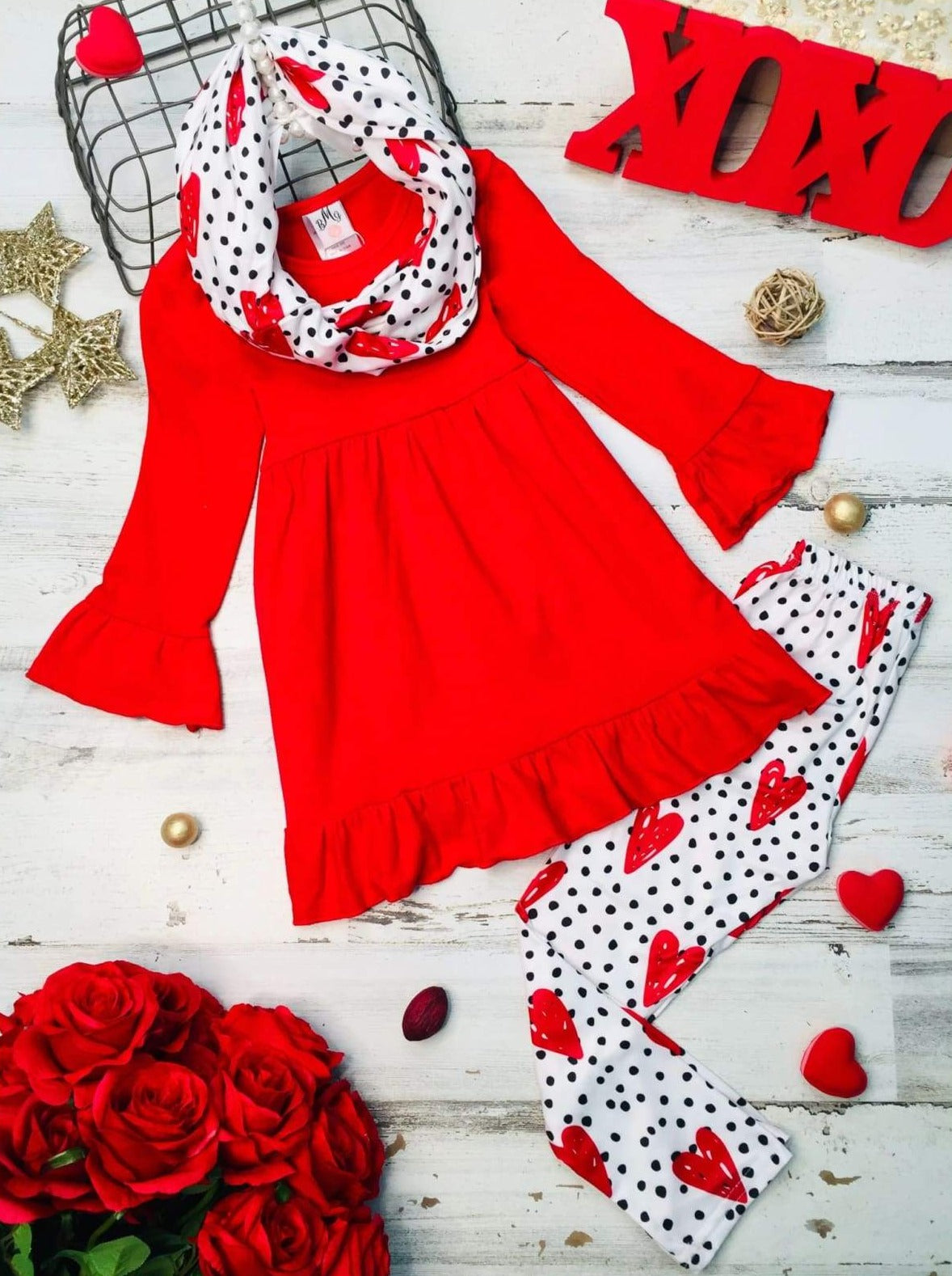 Girls Valentine's Clothes | Tunic, Heart Print Scarf & Legging Set