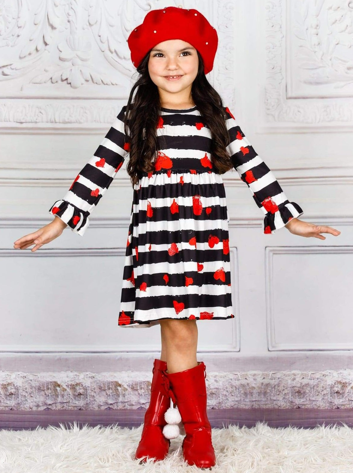 Kids Valentine's Day Dress | Girls Stripe Heart Print Ruffle Dress