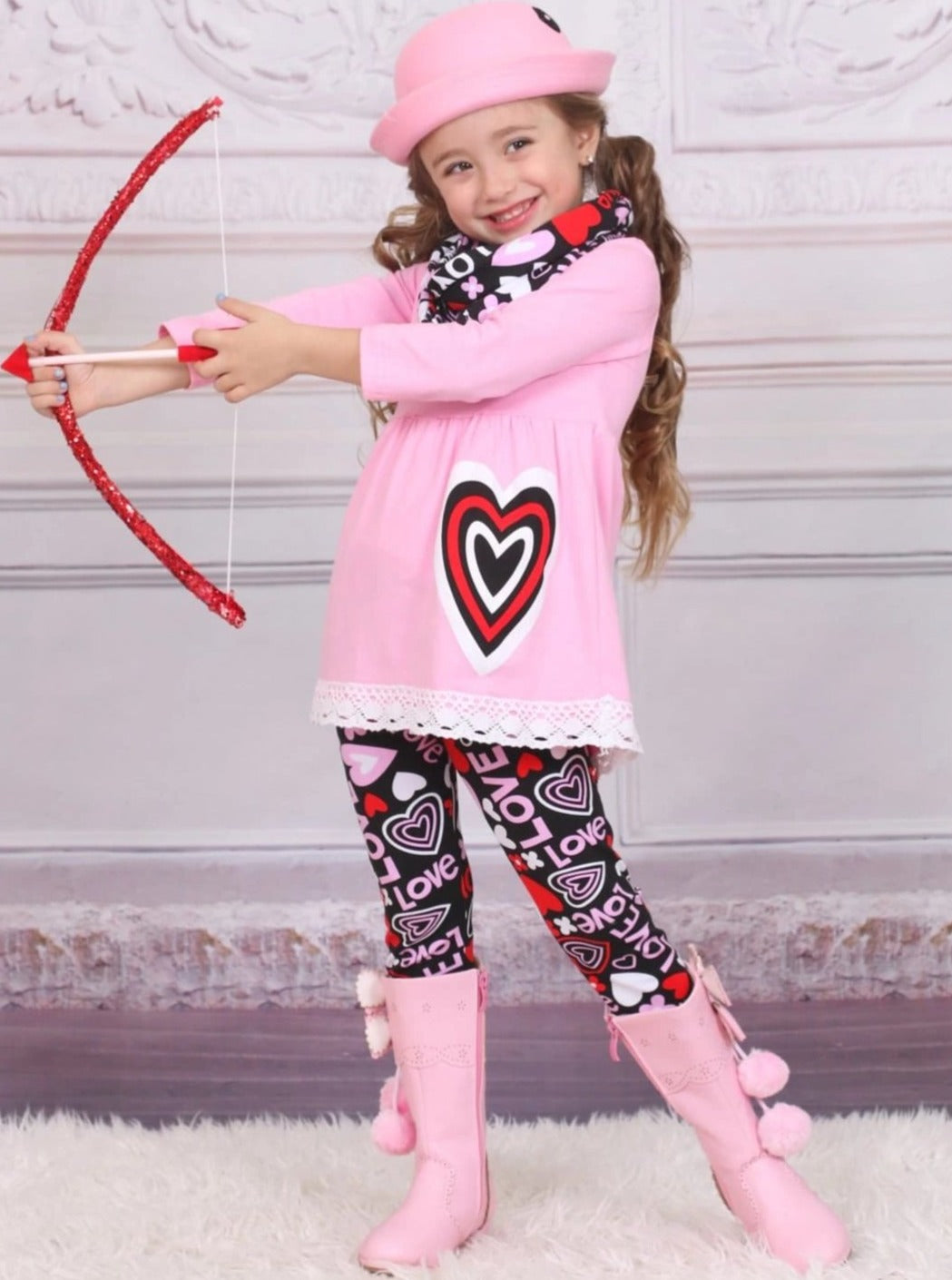 Kids Valentine's Clothes | Girls Crochet Hem Tunic Scarf & Legging Set