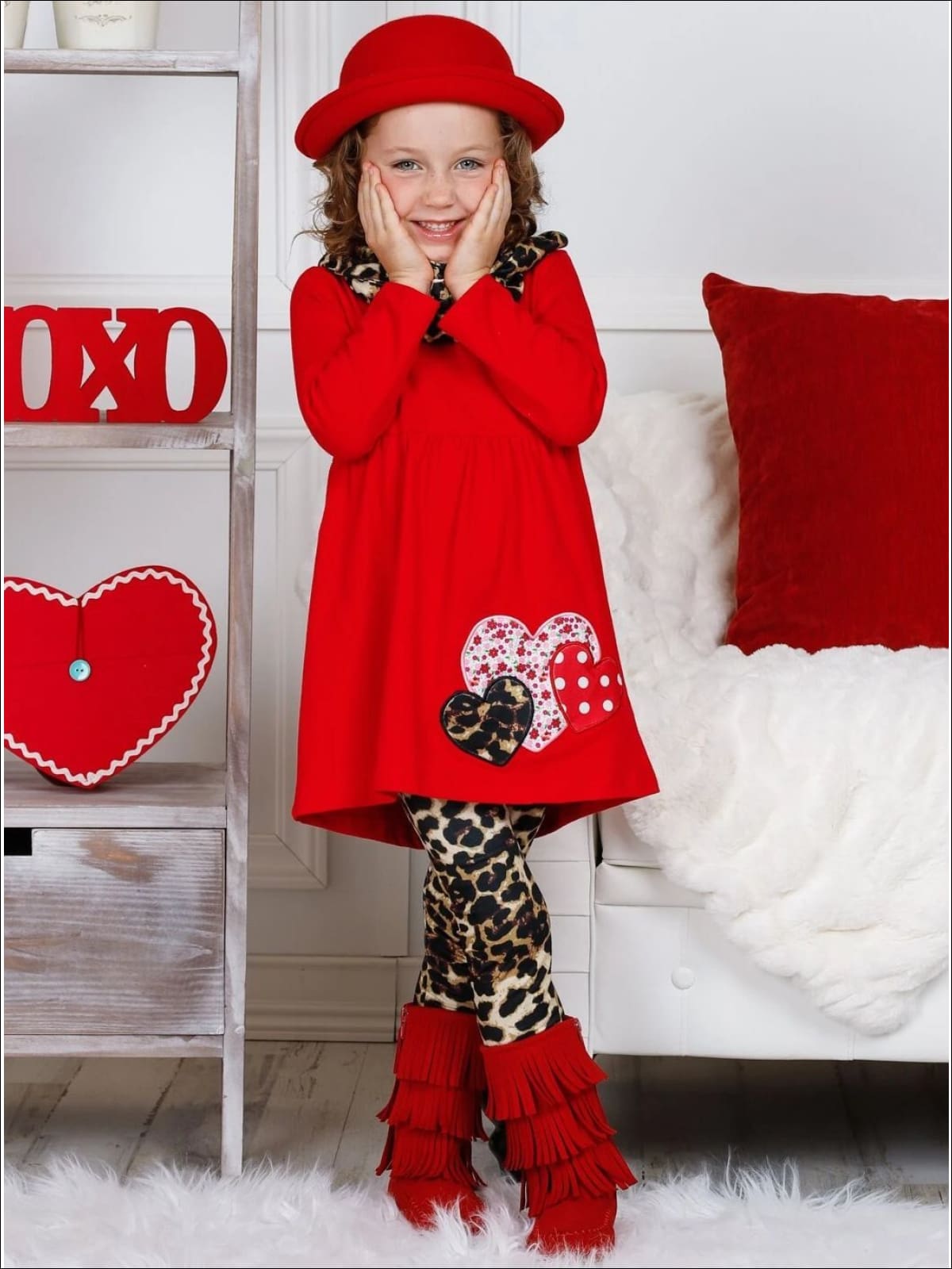 Toddler Valentine's Outfits | Heart Tunic Leopard Scarf & Legging Set