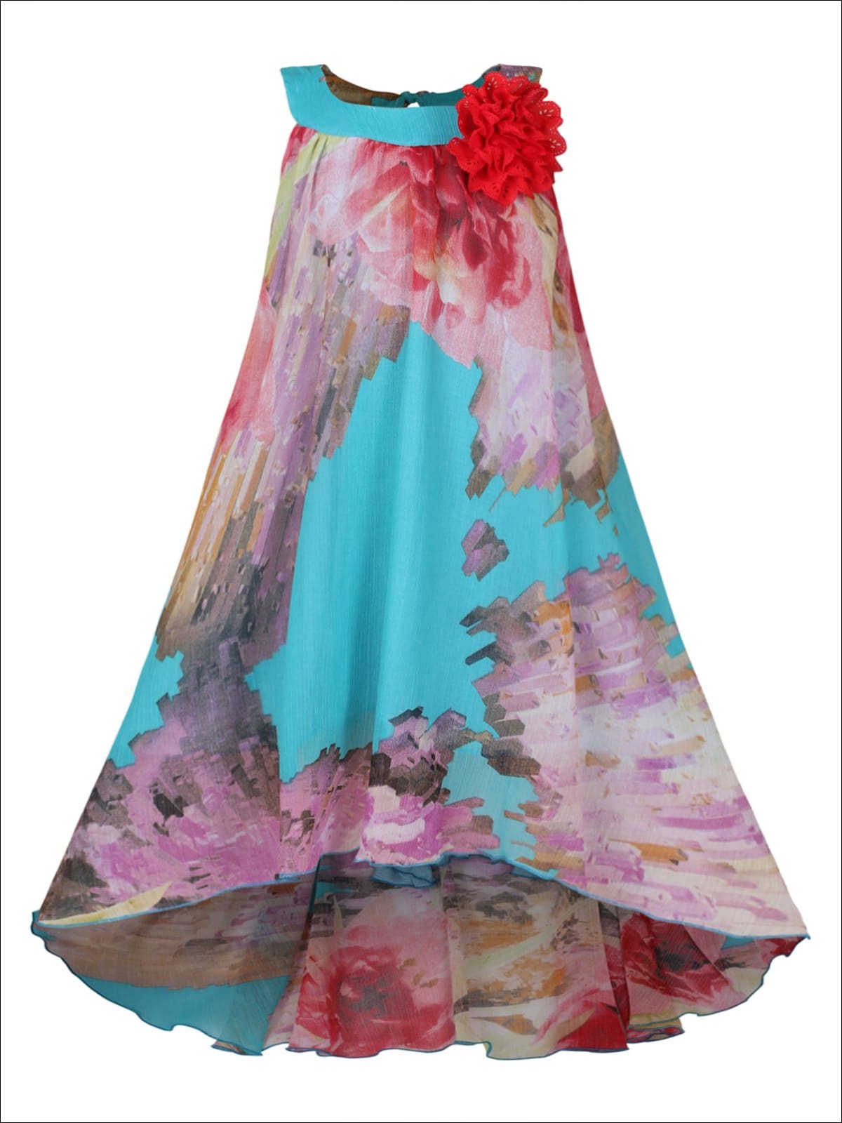 Girls Hi-Lo Circle Neck Twirl Dress - Turquoise / 2T/3T - Girls Spring Dressy Dress