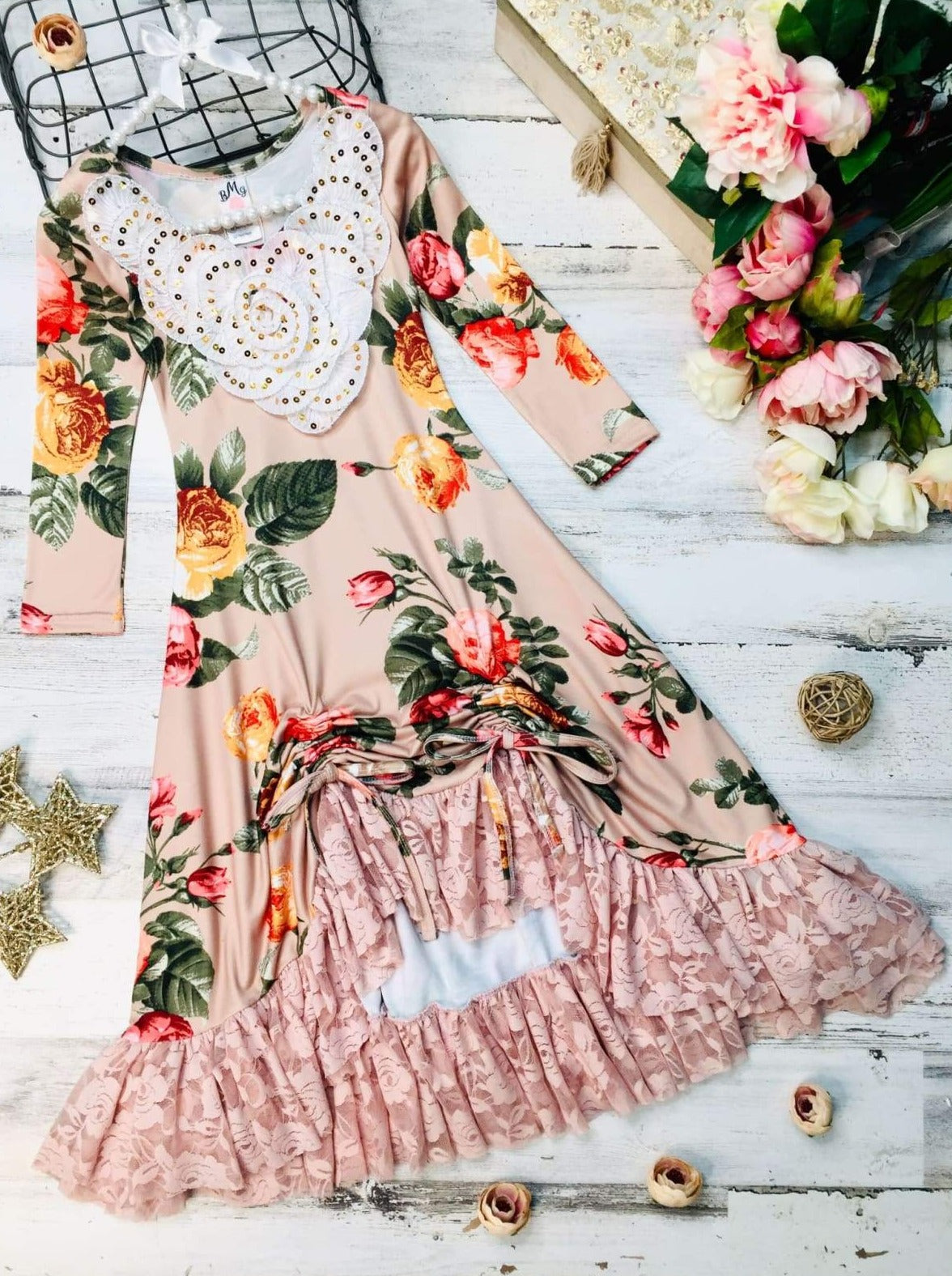 Girls Fall Fancy Dress| Pattern Print Sequin Hi-Lo Drawstring Dress 