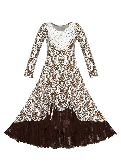 Girls Fall Fancy Dress| Pattern Print Sequin Hi-Lo Drawstring Dress 