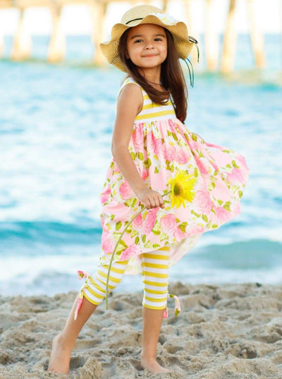 Little Girls Spring Outfit | Floral Hi-Lo Tunic & Striped Legging Set 