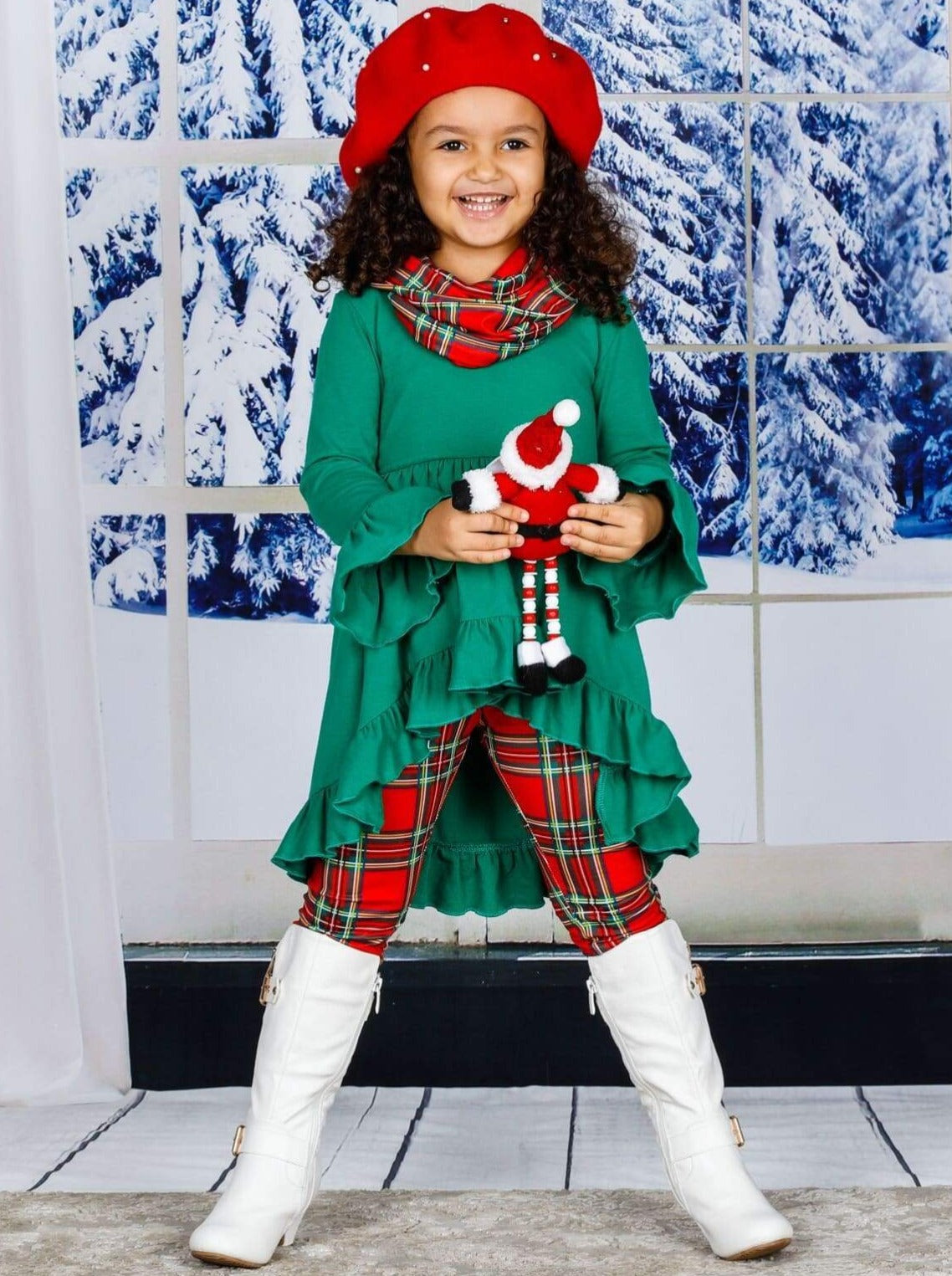 Girls Hi-lo Ruffled Flared Long Sleeve Tunic Printed Leggings & Scarf Set - Girls Christmas Set