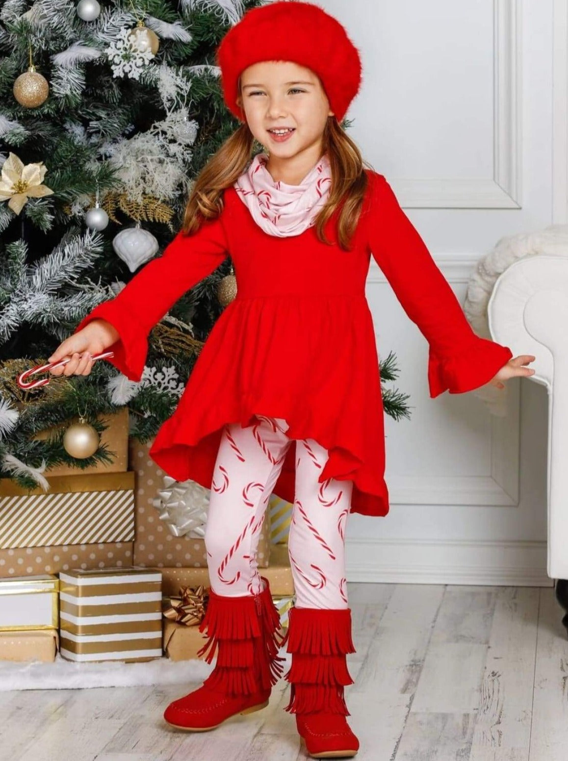 Girls Hi-lo Ruffled Flared Long Sleeve Tunic Printed Leggings & Scarf Set - Girls Christmas Set