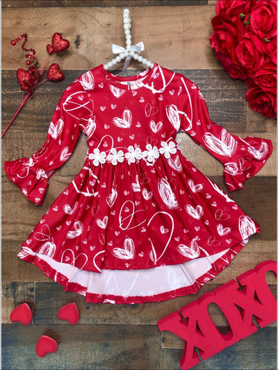 Girls Hi-Lo Ruffled Heart Print Dress - Red / 2T - Girls Fall Casual Dress