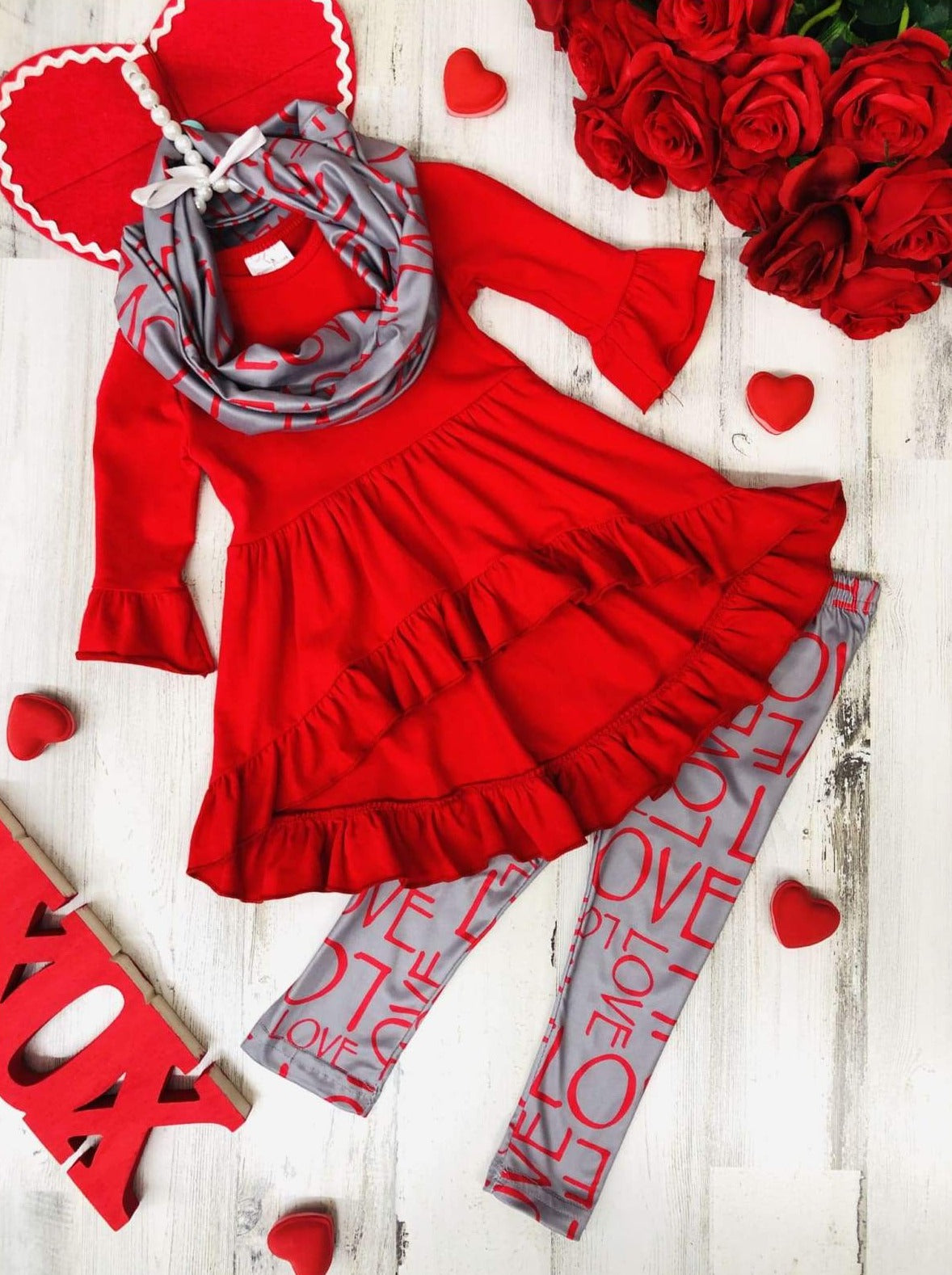 Kids Valentine's Clothes | Hi Lo Ruffle Tunic, Scarf & Legging Set 