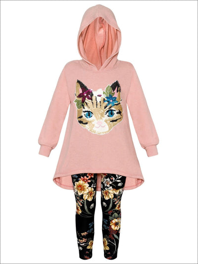 Girls Hi-Lo Sequin Cat Applique Hooded Sweatshirt & Floral Leggings Set - Dusty Pink / 2T/3T - Girls Fall Casual Set