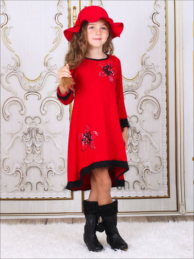 Girls Hi-Lo Sweater Dress with Flower Sequin Appliques - Girls Fall Casual Dress