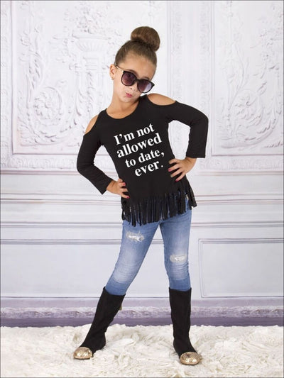 Girls Im Not Allowed to Date Ever Cold Shoulder Fringe Graphic Statement Top - Girls Fall Top