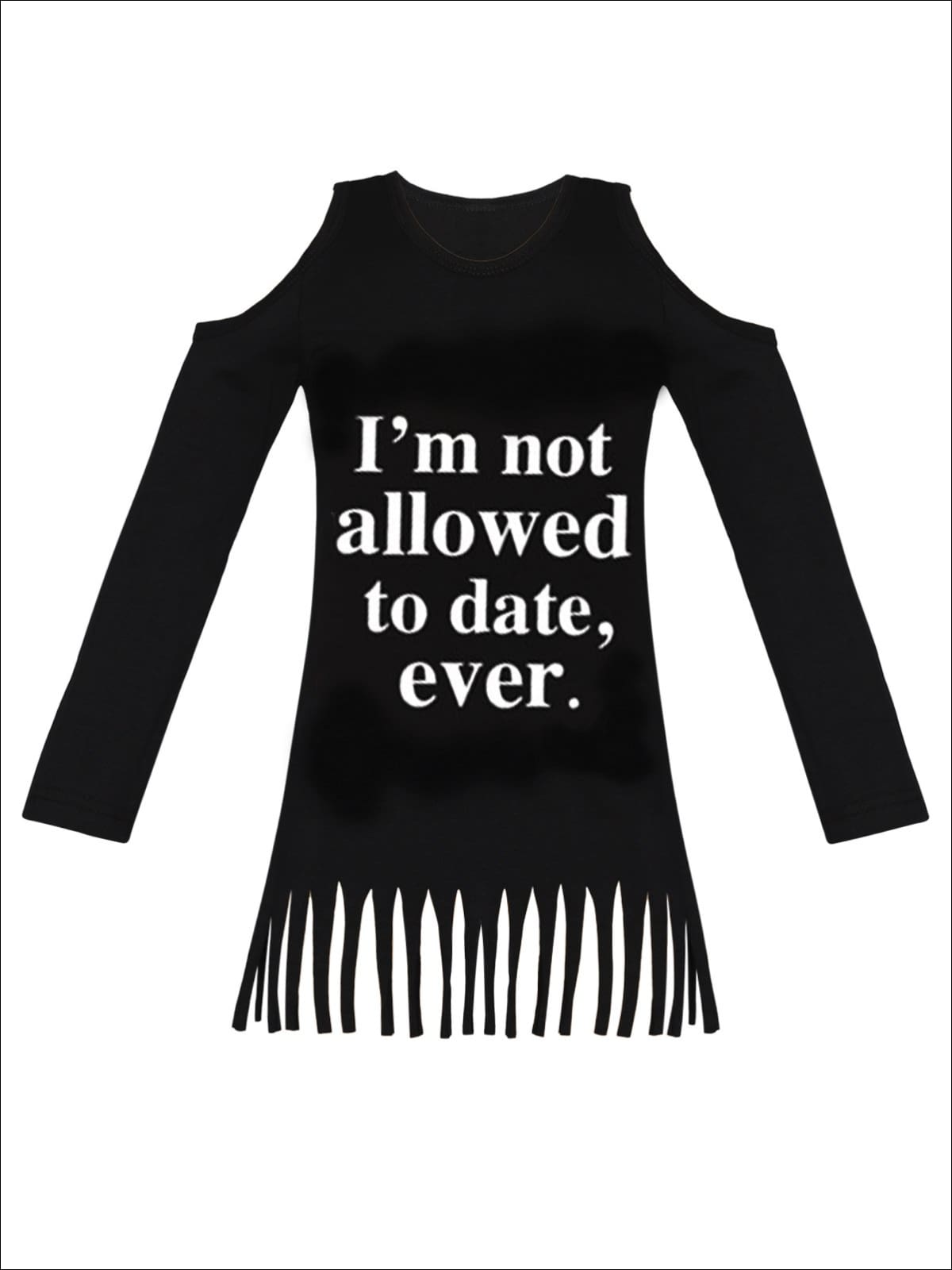 Girls Im Not Allowed to Date Ever Cold Shoulder Fringe Graphic Statement Top - Black / 2T/3T - Girls Fall Top