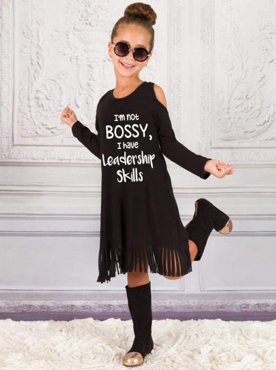 Girls Im Not Bossy I Have Leadership Skills Cold Shoulder Fringe Graphic Statement Dress - Girls Fall Casual Dress