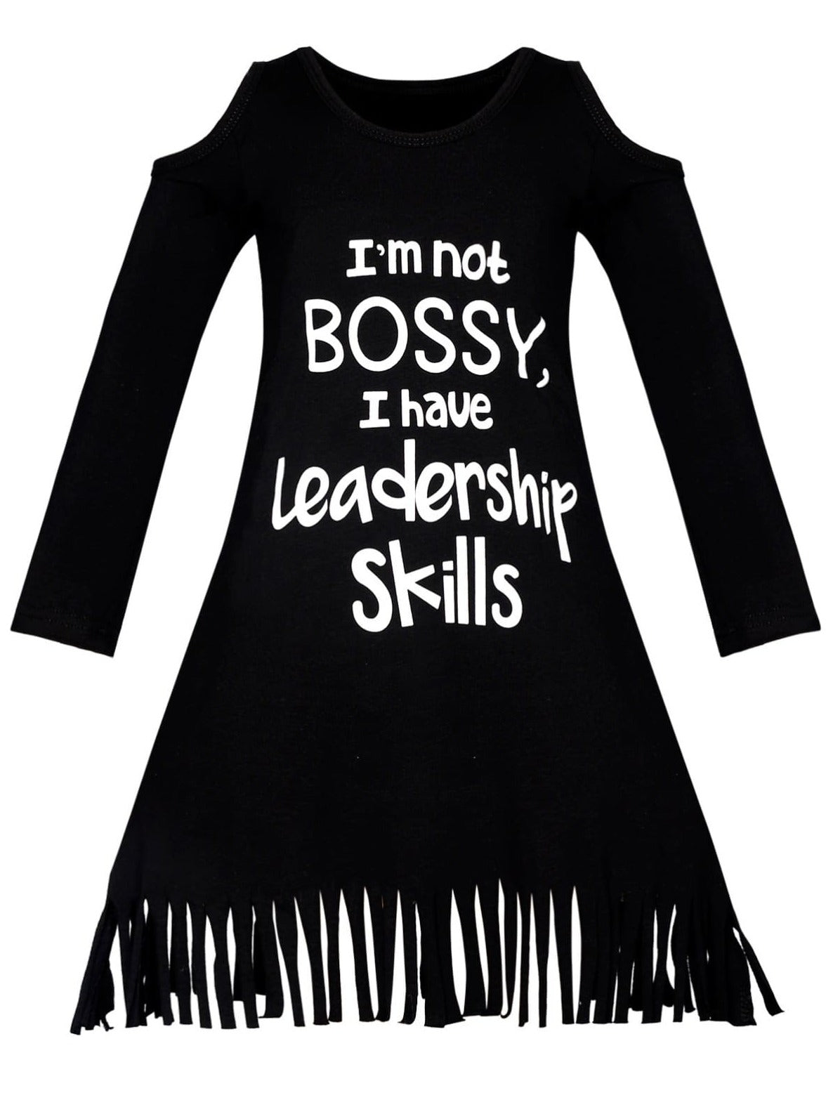 Girls Im Not Bossy I Have Leadership Skills Cold Shoulder Fringe Graphic Statement Dress - Black / 12MOS-18MOS - Girls Fall Casual Dress