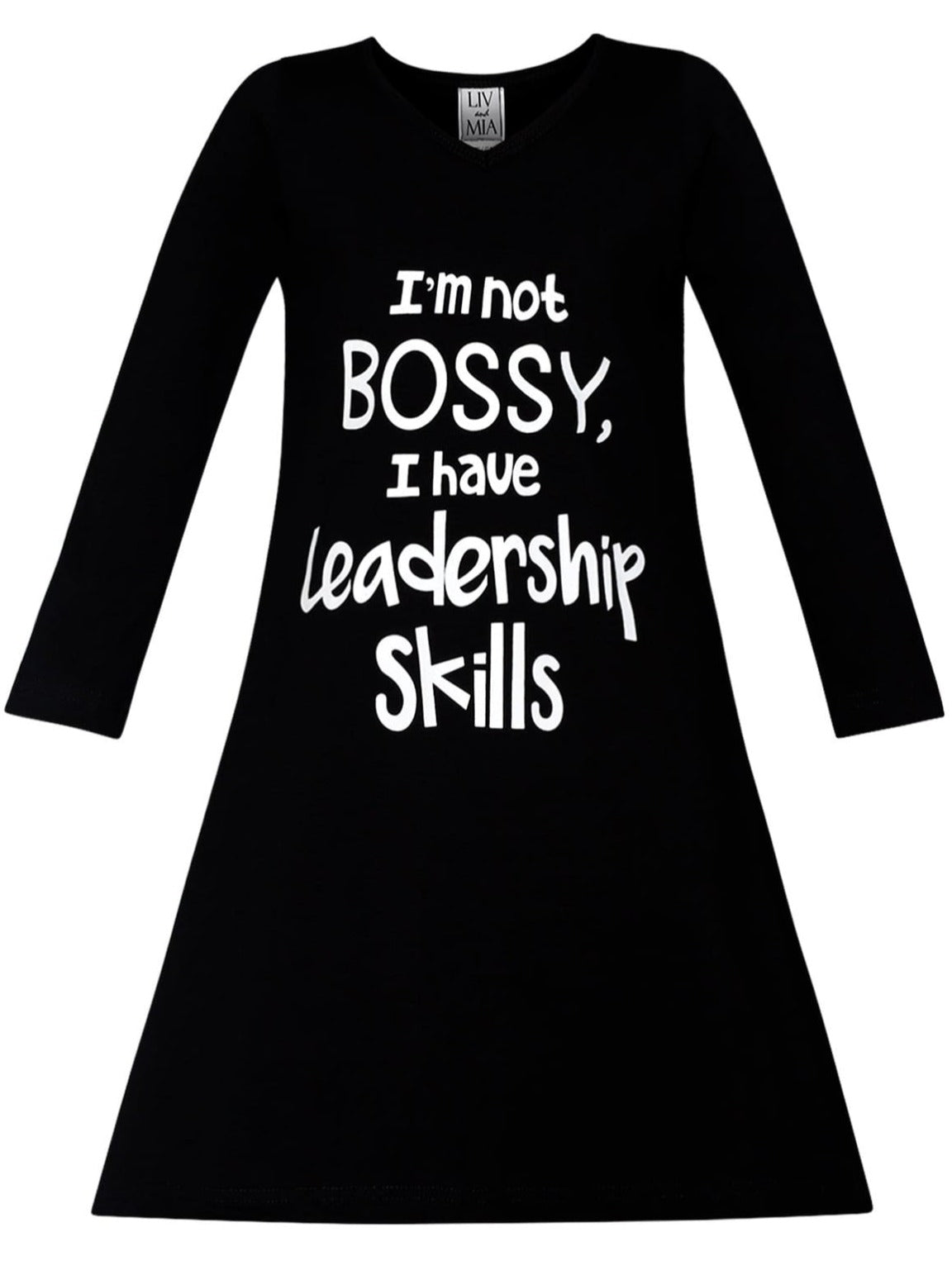 Girls Im Not Bossy I Have Leadership Skills Long Sleeve V-Neck Graphic Statement Dress - Black / 2T/3T - Girls Fall Casual Dress