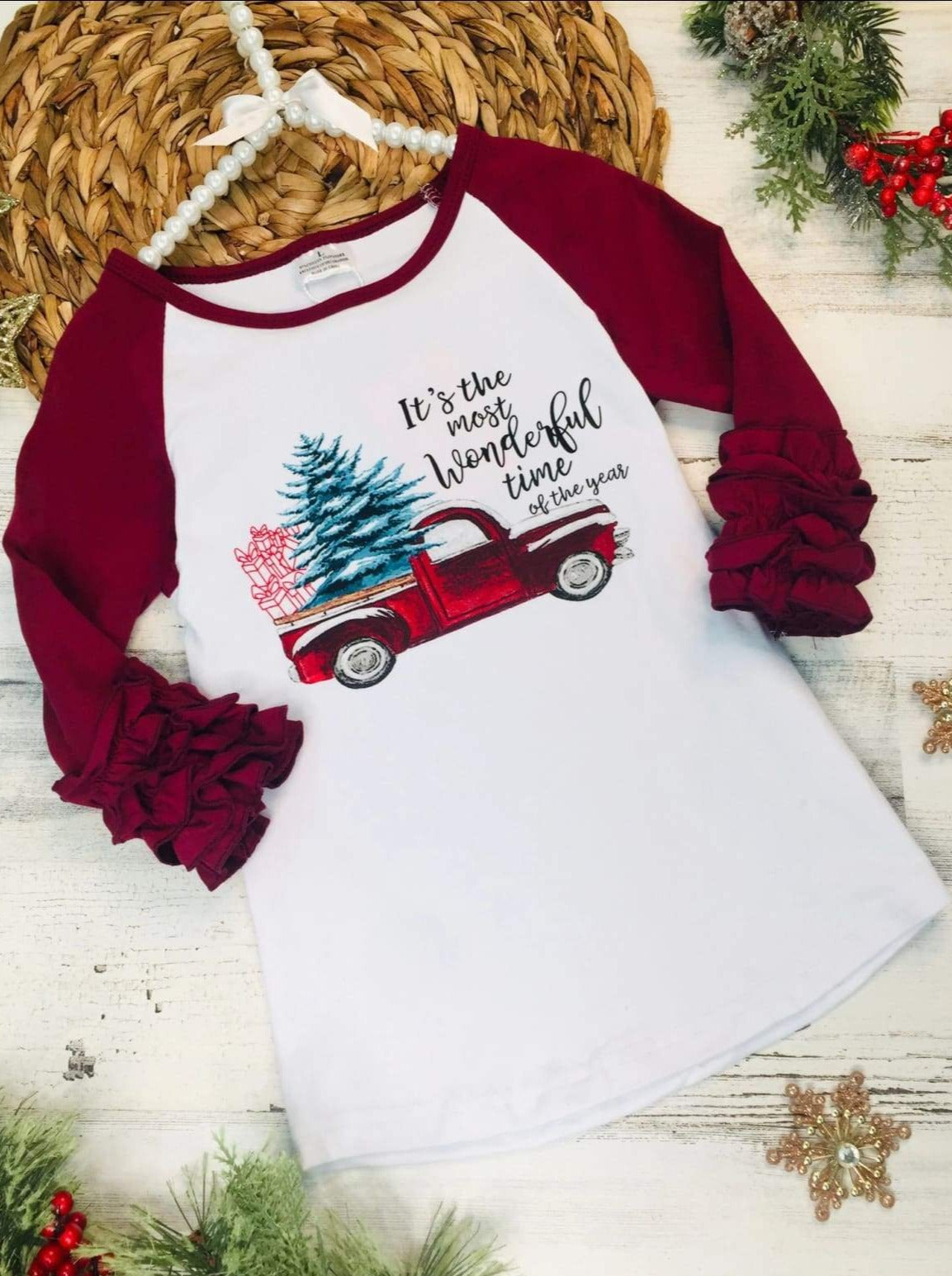 Girls Its the Most Wonderful Time of the Year Graphic Ruffled Top - 2T / Burgundy - Girls Christmas Top