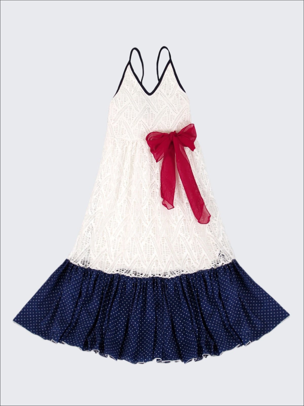 Girls Ivory Crochet Lace Dress with Navy Dotted Ruffle Hem - Girls Spring Casual Dress