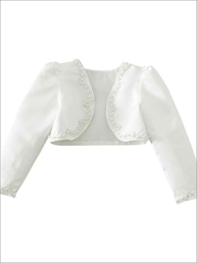 Girls Ivory Pearl Embellished Long Sleeve Bolero - White / 2T - Girls Jacket