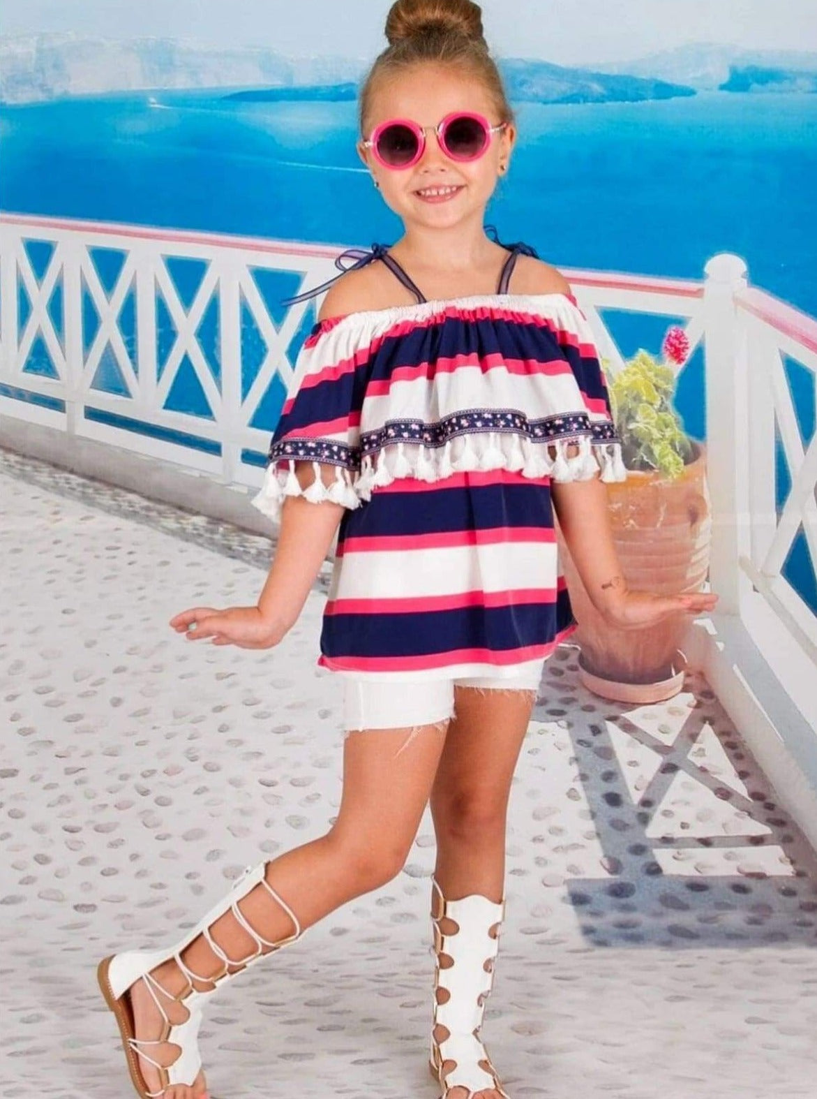 Girls Ivory/Coral/Navy Striped Ruffle Peasant Top w Tassel Trim - Ivory/Coral/Navy / 2T/3T - Girls Spring Top