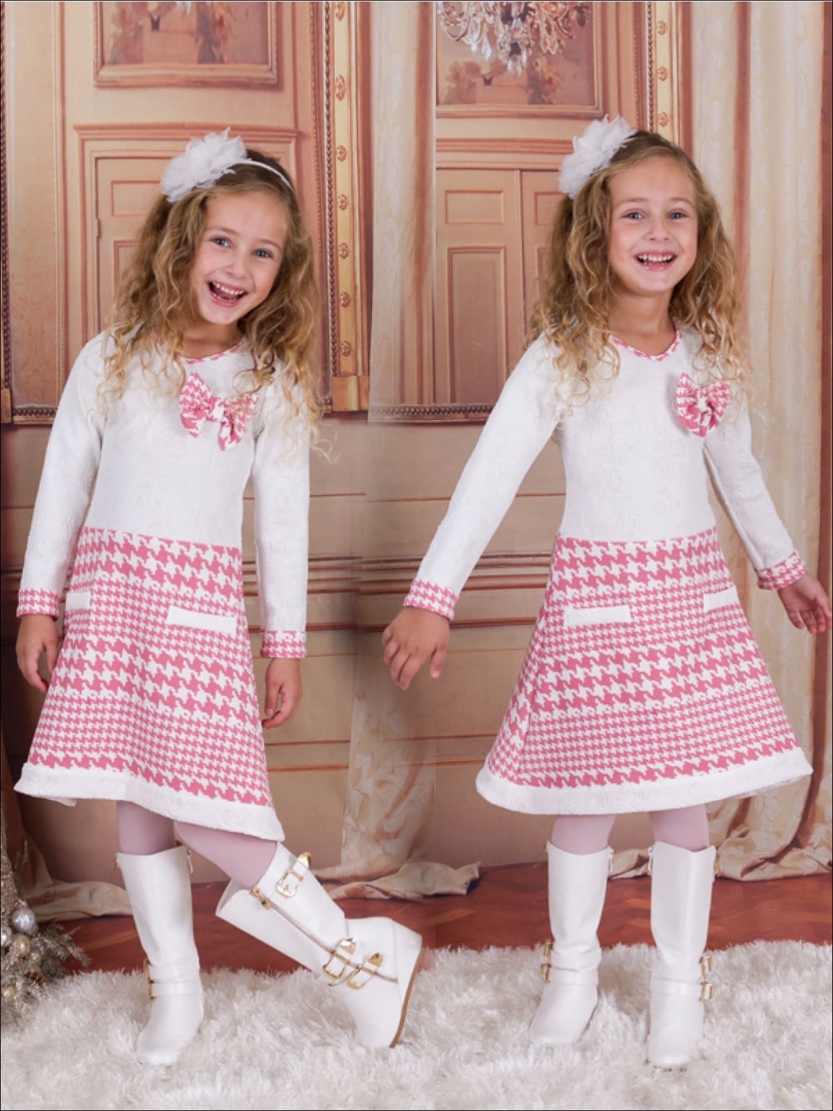 Girls Ivory/Pink A-Line Dress with Faux Pockets - 3T / Ivory/Pink - Girls Fall Dressy Dress