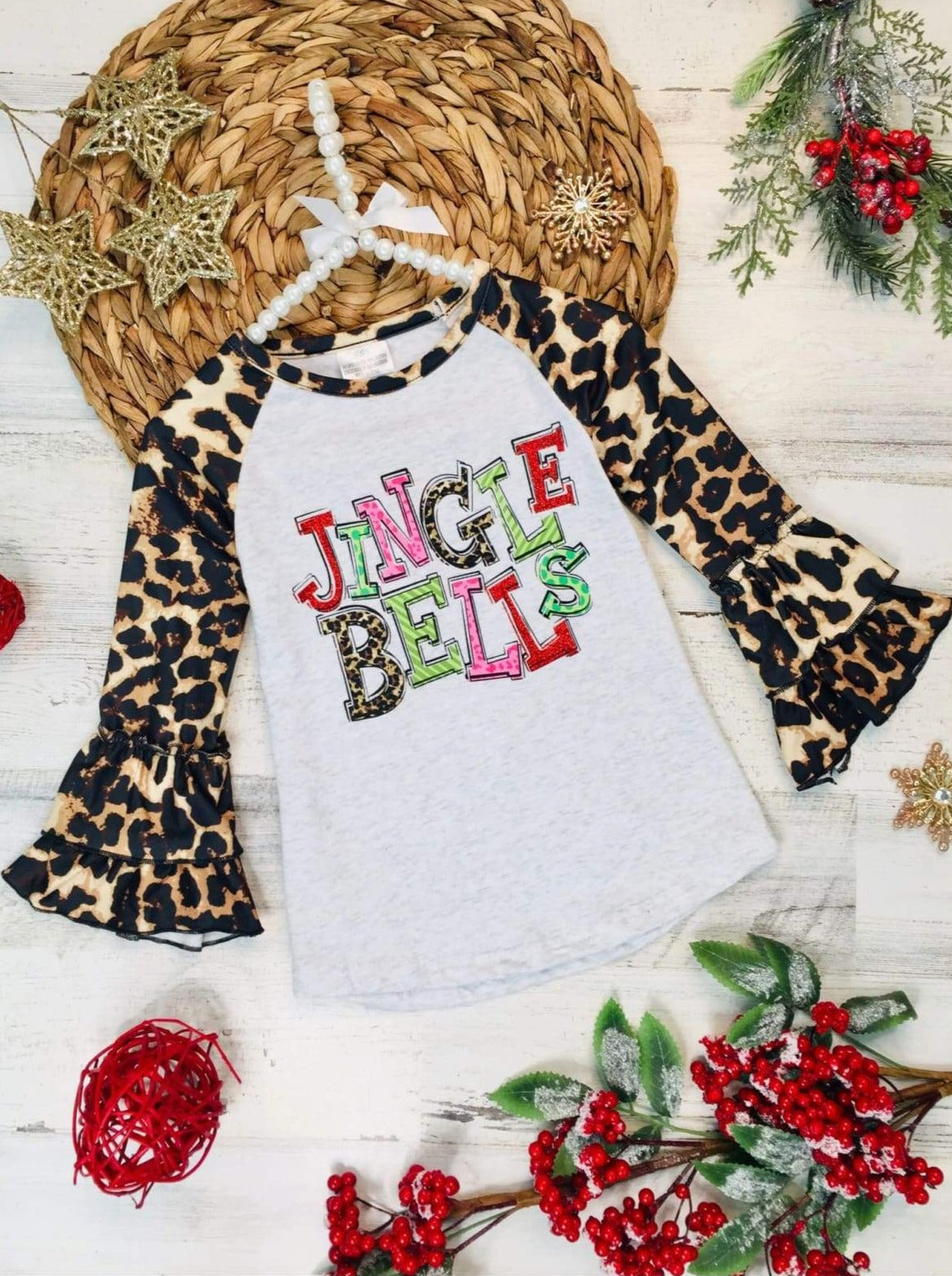 Girls Jingle Bells Leopard Ruffled Top - 2T / Brown - Girls Christmas Top