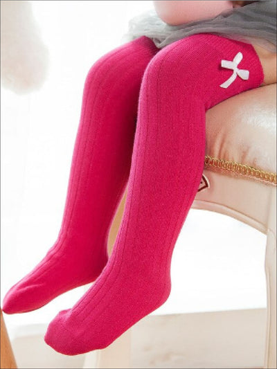 Girls Knee Ribbed Knee Socks with Bow - Pink / M - Girls Knee Socks