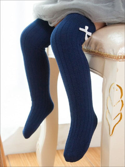Girls Knee Ribbed Knee Socks with Bow - Navy / M - Girls Knee Socks
