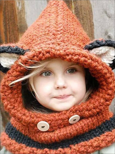 Girls Knitted Animal Ear Winter Scarf - Orange - Girls Hats