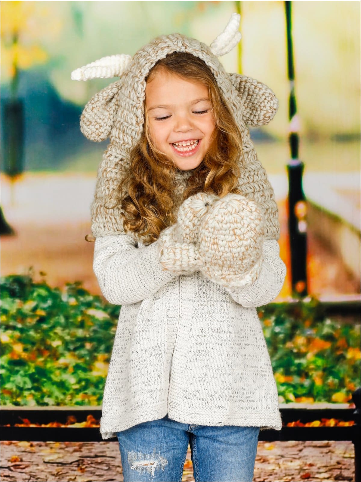 Girls Knitted Reindeer Hat with Matching Mittens - Girls Hats