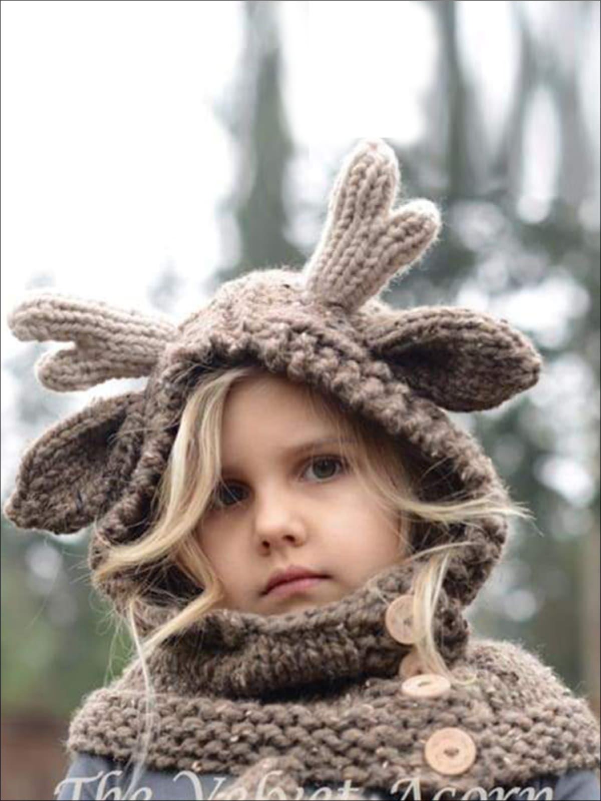 Girls Knitted Reindeer Hat with Matching Mittens - Coffee - Girls Hats