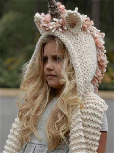 Girls Knitted Unicorn Beanie Hat with Scarf - Girls Hats