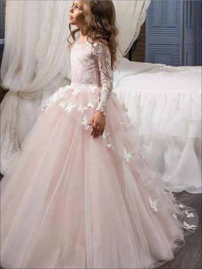 Girls Lace and Butterflies Gown Communion Dress - Blush / 2T - Girls Gown