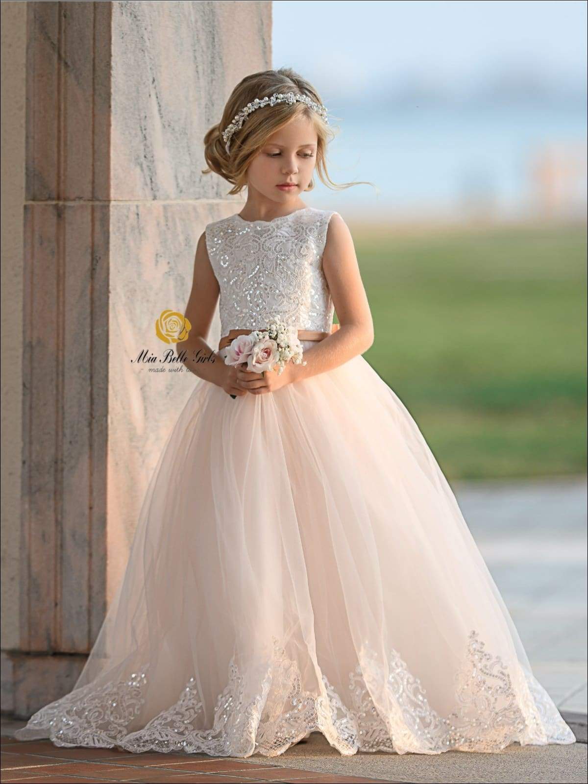 Girls Communion Dresses | Sequin Bodice Lace Beige Tulle Skirt Gown