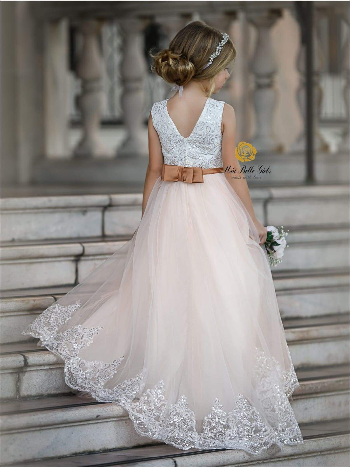 Girls Communion Dresses | Sequin Bodice Lace Beige Tulle Skirt Gown