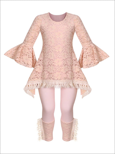 Girls Lace Bell Sleeve Crochet Hem Side Tail Tunic & Cuffed Leggings Set - Blush / 2T/3T - Girls Fall Casual Set