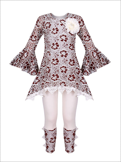 Girls Lace Bell Sleeve Crochet Hem Side Tail Tunic & Cuffed Leggings Set - Brown / 2T/3T - Girls Fall Casual Set