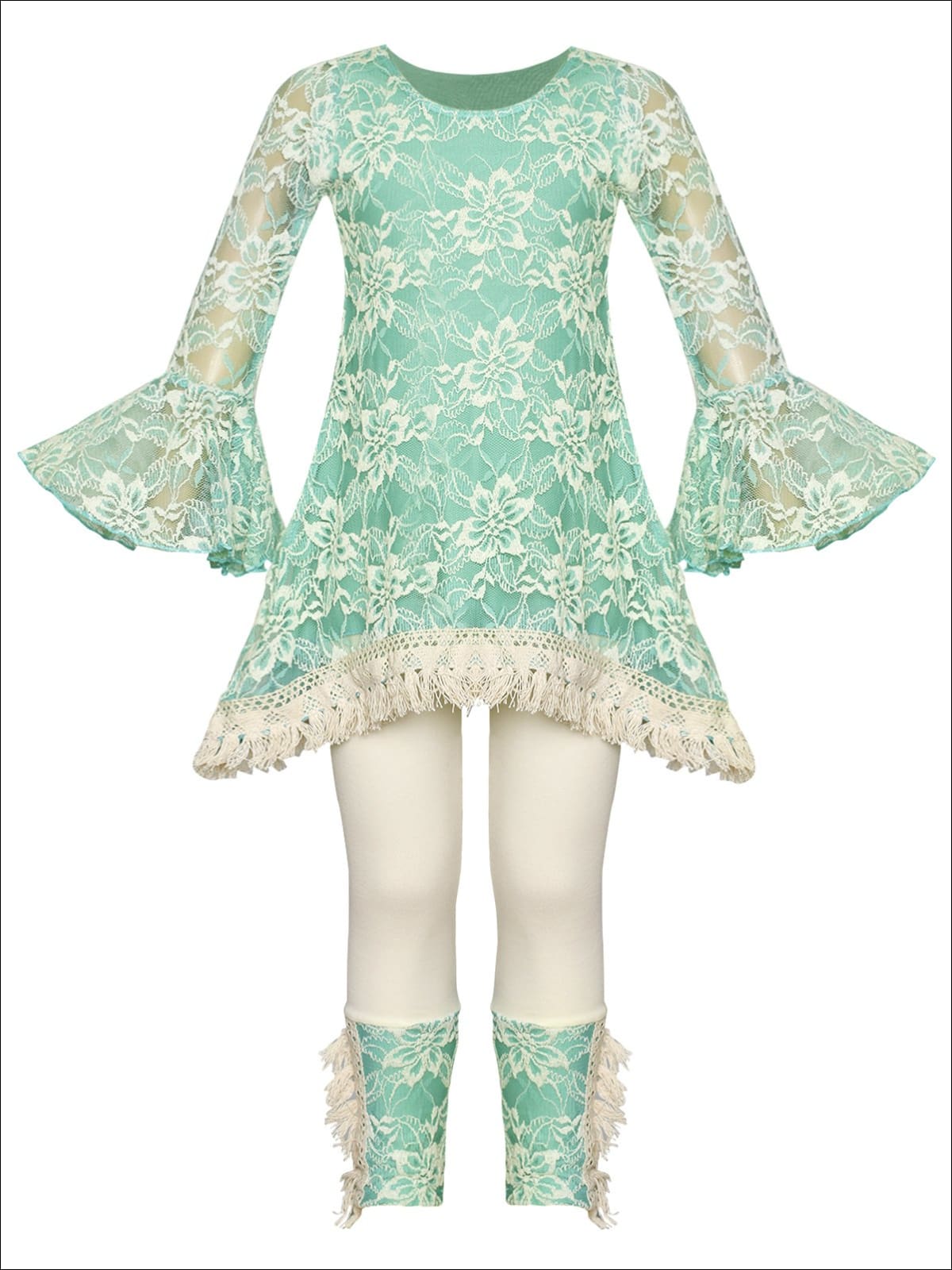 Girls Lace Bell Sleeve Crochet Hem Side Tail Tunic & Cuffed Leggings Set - Mint / 2T/3T - Girls Fall Casual Set