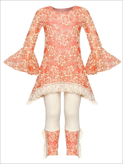 Girls Lace Bell Sleeve Crochet Hem Side Tail Tunic & Cuffed Leggings Set - Orange / 2T/3T - Girls Fall Casual Set