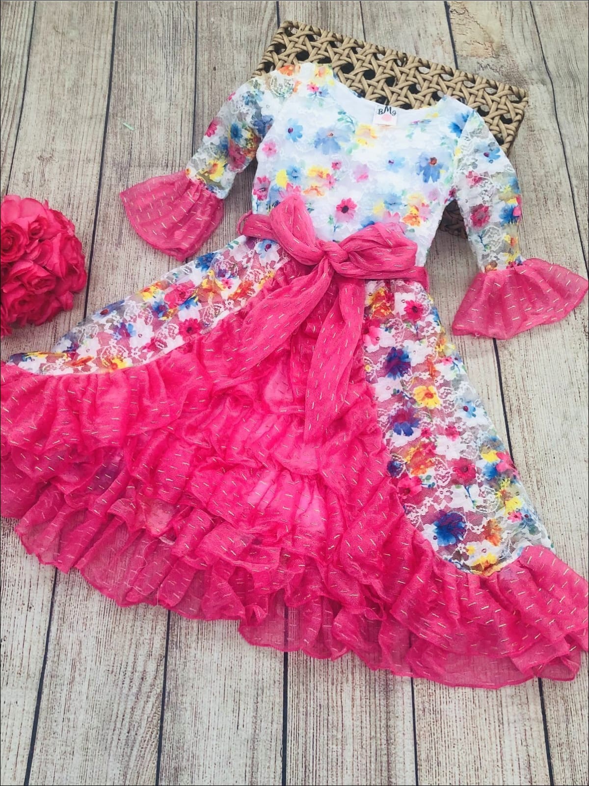 Girls Lace Bell Sleeve Tiered Ruffled Dress with Sash - Girls Spring Dressy Dress