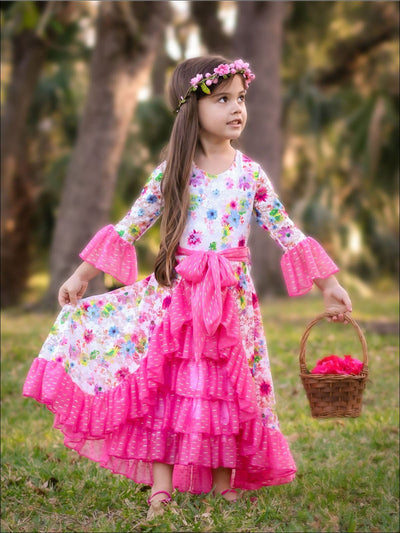 Girls Lace Bell Sleeve Tiered Ruffled Dress with Sash - Girls Spring Dressy Dress