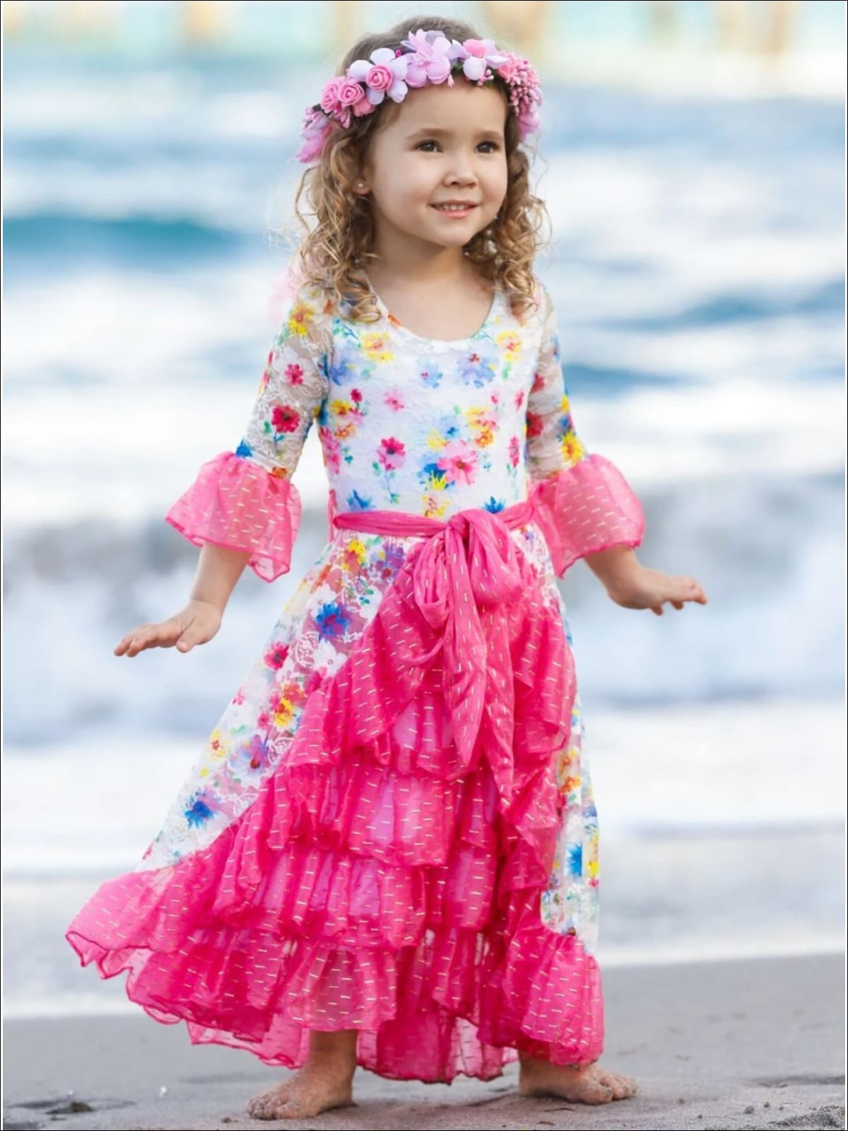 Girls Lace Bell Sleeve Tiered Ruffled Dress with Sash - Fuchsia / 2T/3T - Girls Spring Dressy Dress