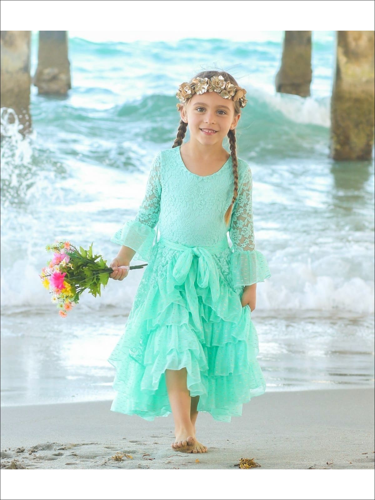 Girls Lace Bell Sleeve Tiered Ruffled Dress with Sash - Mint / 2T/3T - Girls Spring Dressy Dress