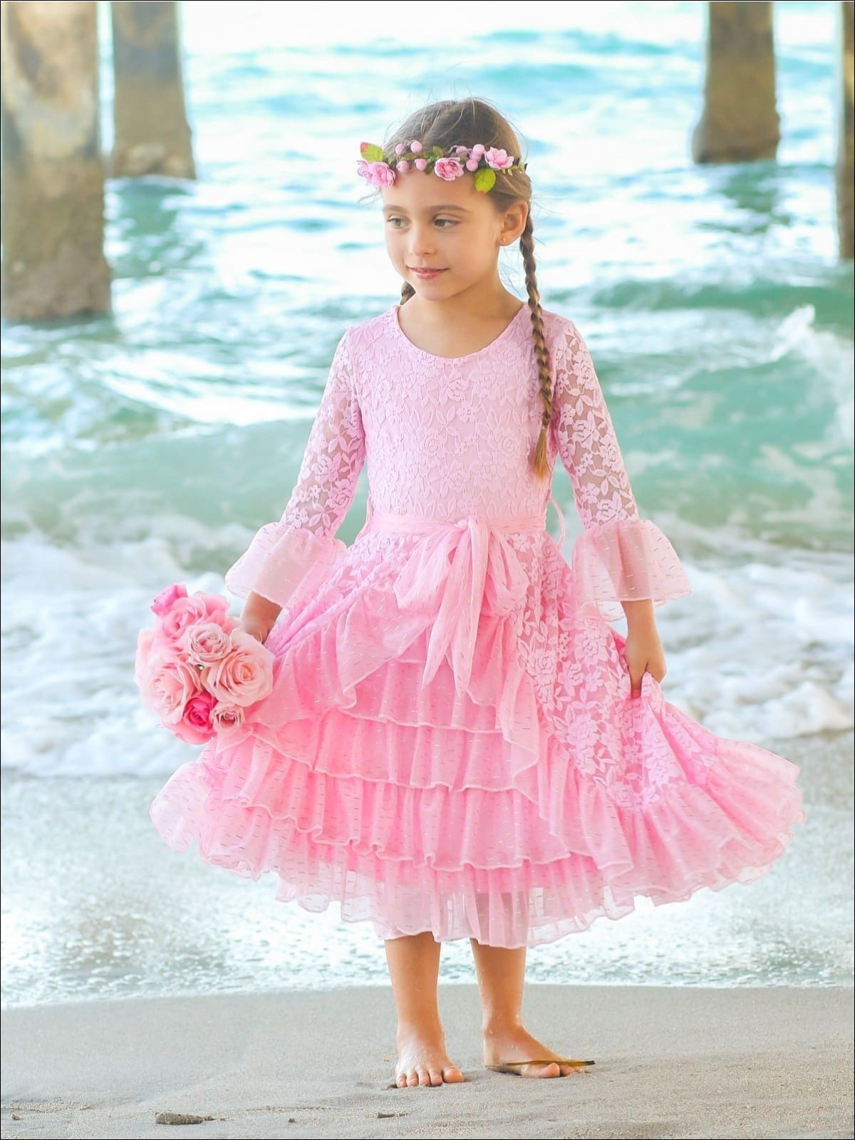 Girls Lace Bell Sleeve Tiered Ruffled Dress with Sash - Pink / 2T/3T - Girls Spring Dressy Dress