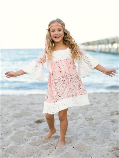 Girls Lace Boho Sleeve Dress - Pink / 4T/5Y - Girls Spring Casual Dress
