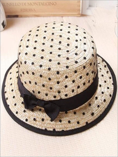 Girls Lace Dotted Mesh Straw Hat - Beige - Girls Hats