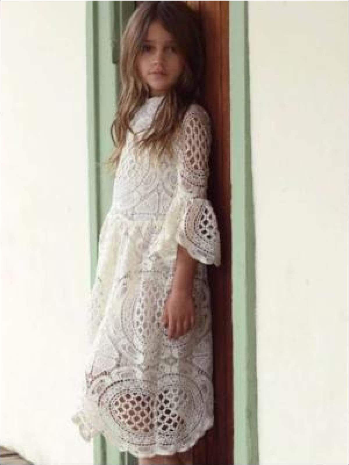 Girls Lace Embroidered Flare Sleeve High Neck Dress - Girls Spring Dressy Dress
