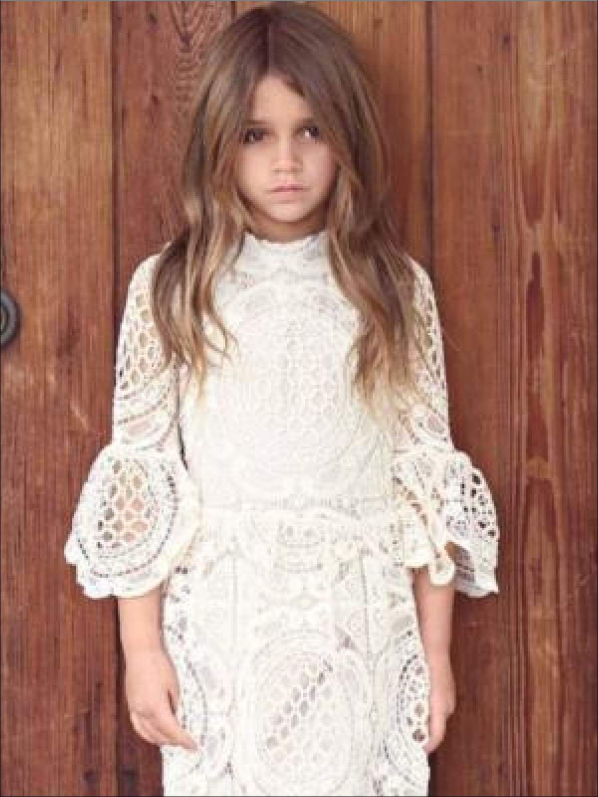 Girls Lace Embroidered Flare Sleeve High Neck Dress - Girls Spring Dressy Dress