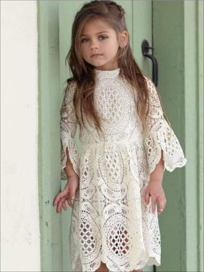 Girls Lace Embroidered Flare Sleeve High Neck Dress - White / 3T - Girls Spring Dressy Dress