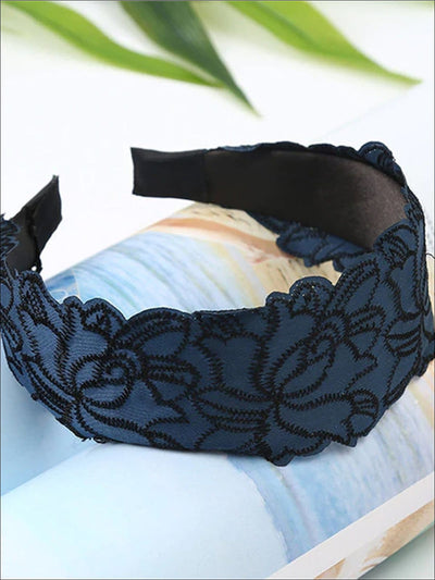 Girls Lace Embroidery Wide Headband - Navy - Hair Accessories