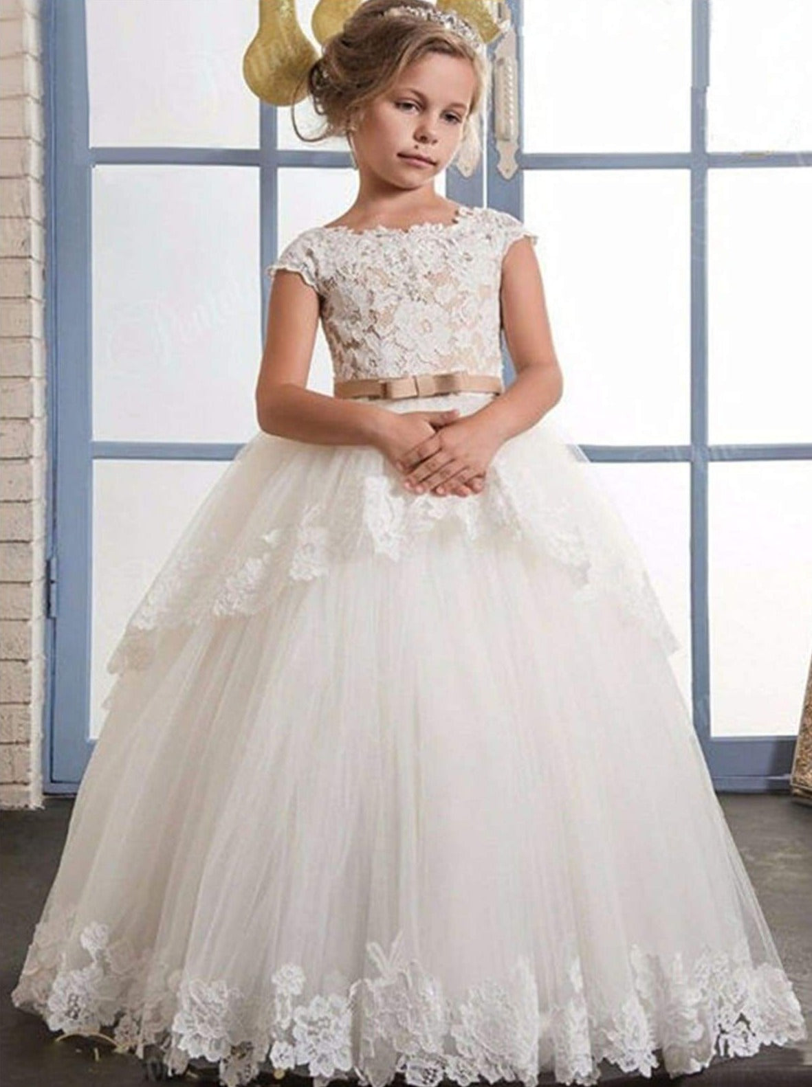 Mia Belle Girls Communion Dresses | White Lace Tiered Tulle Gown